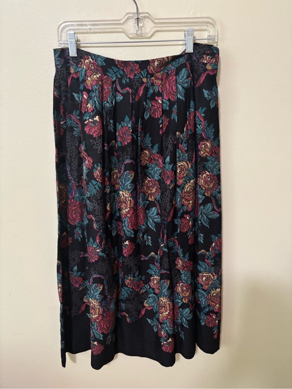 Vintage Floral Pleated Midi Skirt - Black with Burgundy & Teal Floral Pattern